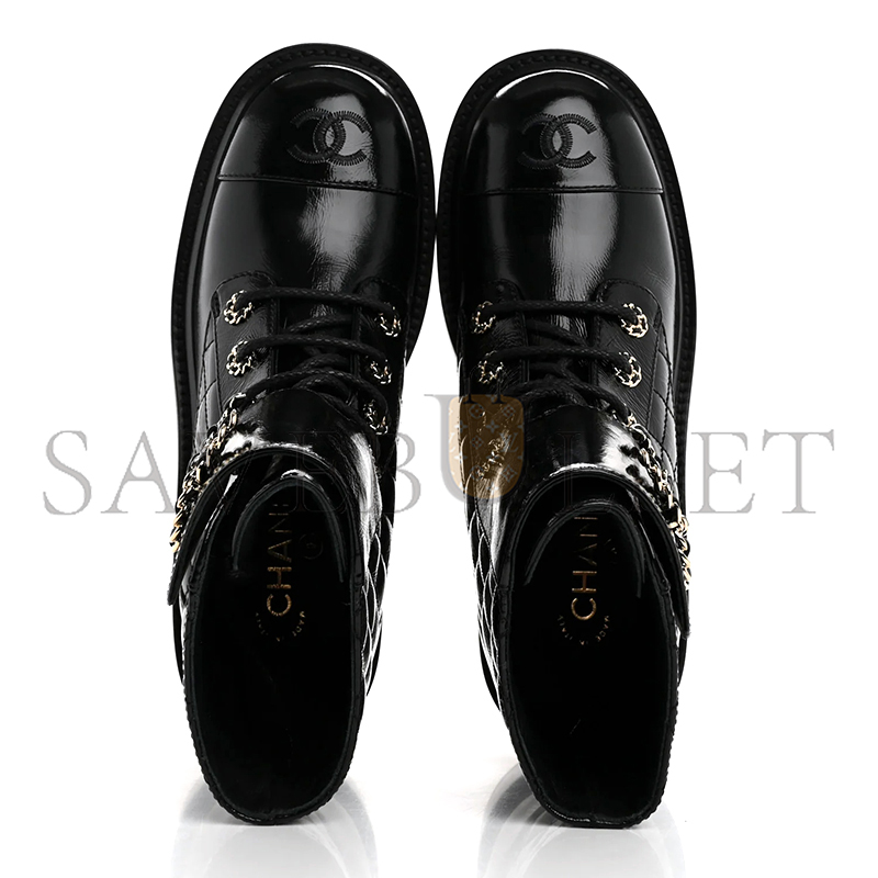 Ch**el shiny calfskin quilted lace up combat boots g36424